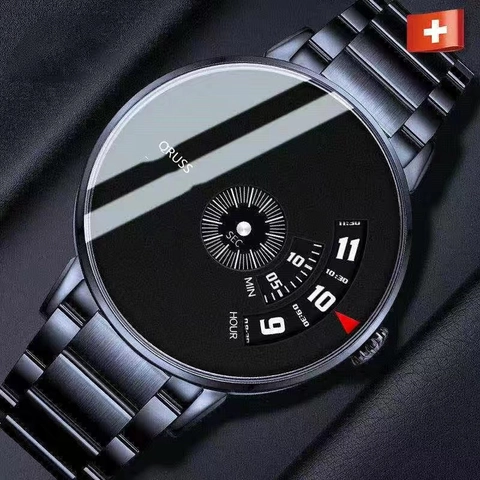 Unique Rotating Disk Men Quartz Watch Stainless Steel Mesh Band Waterproof Fashion Business Wristwatch