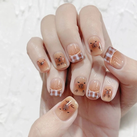 Unghie Finte Capibara Cartone Animato Corte Quadrate Arrotondate Francese A Scacchi Dolce Graffiti Carino Moda Donna