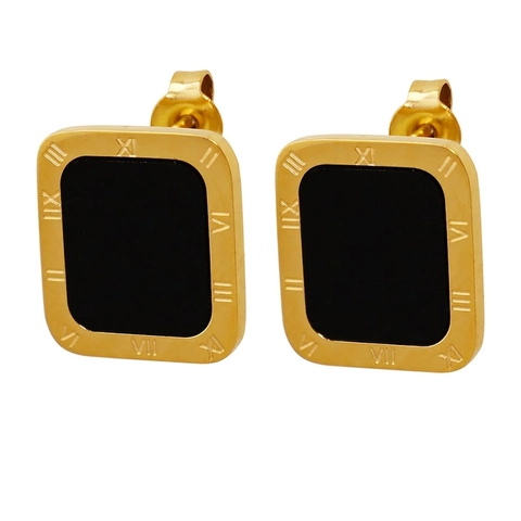 Square Stud Earrings Titanium Steel 18K Gold Plated Black Acrylic Roman Numeral Retro Minimalist Women Jewelry