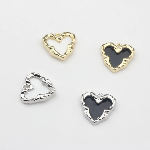 Heart Shaped Pendant Charms Zinc Alloy Enamel Inlay Hollow Textured For DIY Earring Jewelry Making Accessories Korean Style