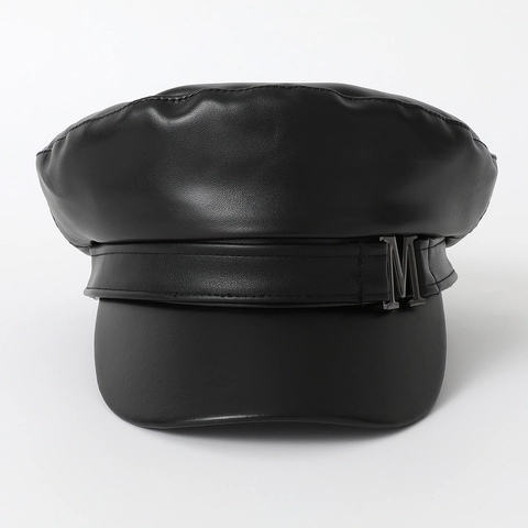 Damen Vintage PU Leder Schirmmütze Mit Metallbuchstabe M Retro Einfarbig Baker Boy Mütze Winddicht