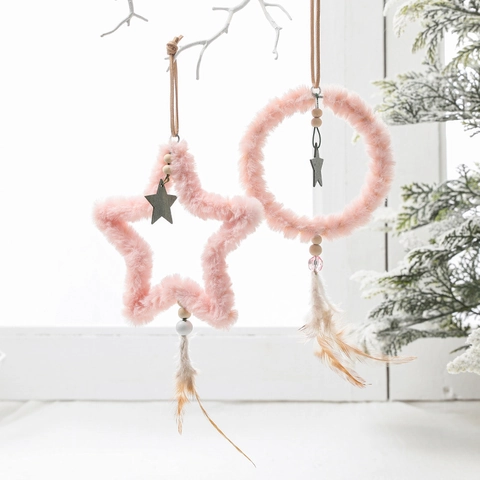 Adornos De Árbol De Navidad De Pelpa Piel Sintética Estrella Círculo Colgante Con Cuentas De Madera Plumas Fiesta