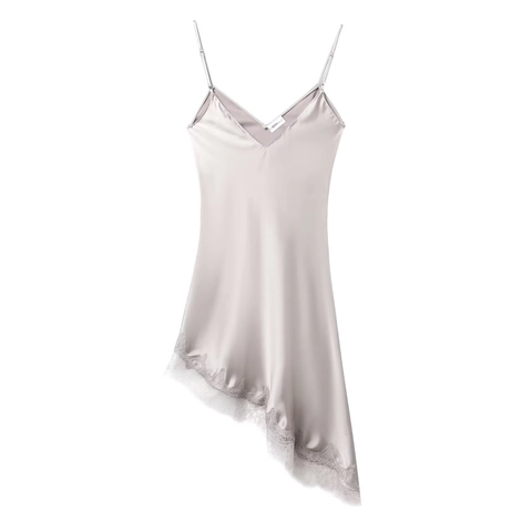Satin Camisole Mini Dress With Lace Trim Deep V Neck Asymmetrical Hem Sleeveless Sexy Party Dress For Women