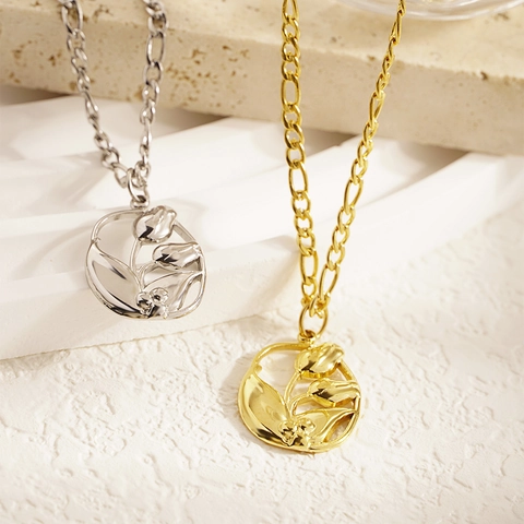 Französisches Retro Hohl Tulpe Anhänger Halskette Edelstahl Figaro Kette Minimalistischer Schmuck Für Damen