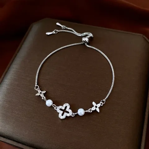 Pulsera Ajustable De Flor De Trébol De Cuatro Hojas Cobre Circonita Perla Artificial Joyería Elegante Mujer