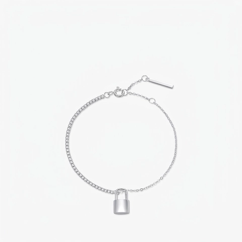 Pulsera Asimétrica De Plata De Ley 925 Para Mujer Con Cadena De Tenis De Circonita Y Colgante De Candado Pulido Joyería De Moda