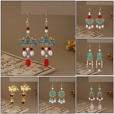 New Chinese Style Drop Earrings With Faux Artificial Pearl And Butterfly Tassel Alloy Hook Vintage Elegant Jewelry For Women
