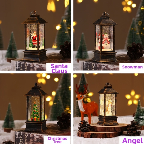 Lanterne de Noël Vintage LED Paillettes Boule à Neige Remplie d'Eau Père Noël Bonhomme de Neige Sapin Ange Ornement Décoratif