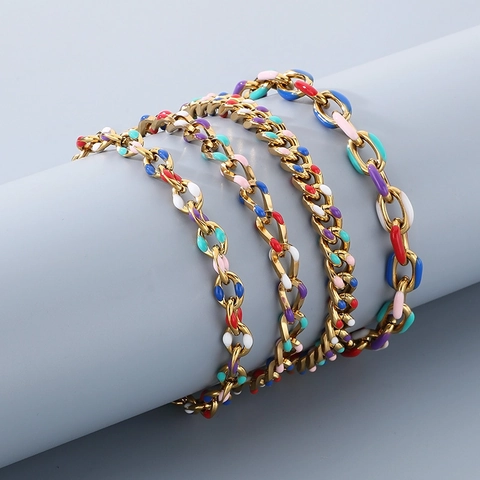 Bracciale A Maglia Cubana In Smalto Acciaio Inossidabile Placcato Oro 18K Colorato Regolabile Gioielli Di Moda Per Donna