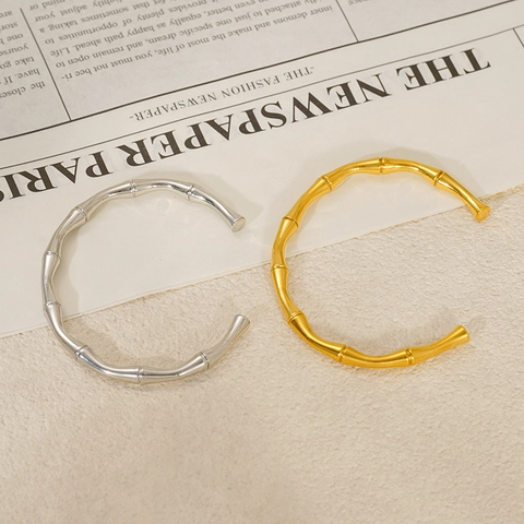 Bracciale Rigido Aperto In Bambù Acciaio Inossidabile Placcato Oro 18K Retro Stile INS Gioielli Minimalisti Per Donna