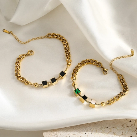 Bracelet En Acier Inoxydable Femmes Cube Carré Géométrique Incrustation Coquille Chaîne Cubaine Serpent Bijoux De Mode