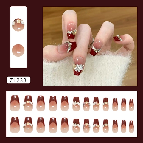 Uñas Postizas Press On Coffin Degradado Rojo Vino Hechas A Mano Decoración Strass Perla Artificial Estrella Elegantes Uñas