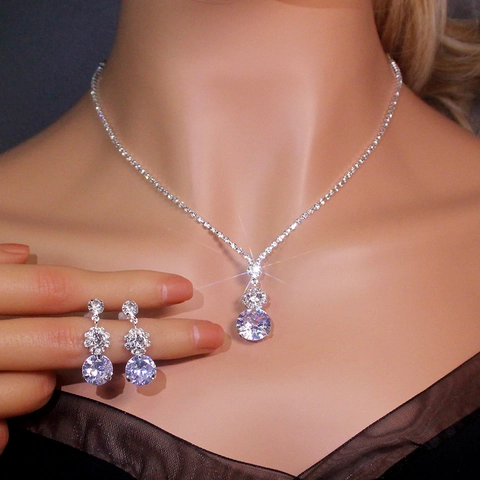 Elegante Collar Y Pendientes De Strass Colgante Flor Circón Redondo Joyería Boda Fiesta Para Mujeres Blanco Plateado
