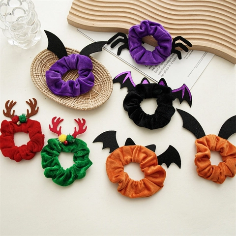 Elastici Per Capelli In Velluto Halloween Natale Ali Di Pipistrello Corna Di Renna Pom Poms Campanellini Accessori Festivi