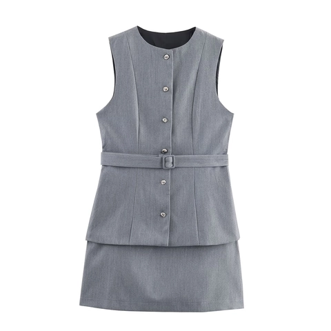 Business Eleganter Grauer Ärmelloser Rundhals Weste Und Rüschen Minirock Outfit Krepp Schmale Passform Für Damen
