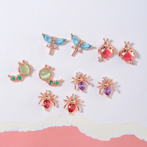 Animal Insect Stud Earrings Brass 18K Gold Plated With 925 Sterling Silver Earring Post Colorful Rhinestone For Women