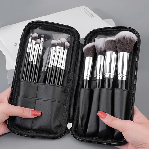Professionelle Make-Up-Pinsel Synthetikfaser Holz Mit PU Aufbewahrungstasche Weiche Schwarz Silber Tragbare Werkzeuge