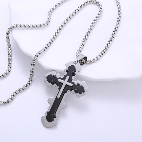 Collar Retro Para Hombre De Acero Inoxidable Con Colgante De Cruz De Doble Capa Joyería Religiosa Bicolor