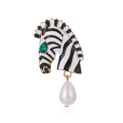 Spilla Testa di Zebra Vintage per Donna in Lega di Zinco Smalto Animale con Ciondolo in Perla Artificiale Strass Accessorio Gioielli