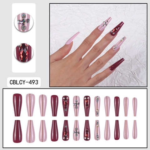 Faux Ongles Coffin Longs Rose Bourgogne Brillant Avec Strass Style Chic Y2K Punk Pour Femmes