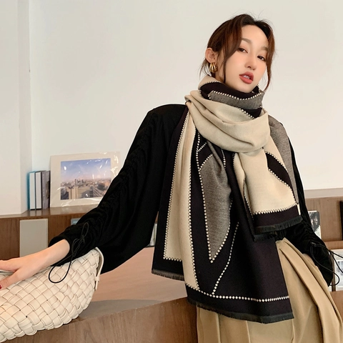 Sciarpa Geometrica Color Block Da Donna In Morbido Imitazione Cashmere Scialle Caldo Spesso Frange Alla Moda Double Face V