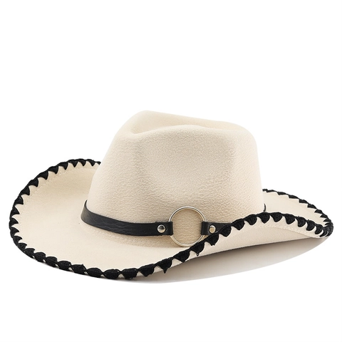 Vintage Western Cowboy Hat Polyester Felt Wide Brim With Woven Edge Decorative Belt Metal Ring For Men Women