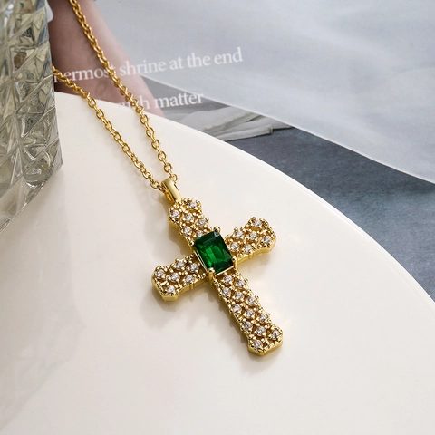Cross Pendant Necklace Gold Plated Copper With Artificial Pearl Zircon Rhinestone Fashion Hip Hop Style For Women