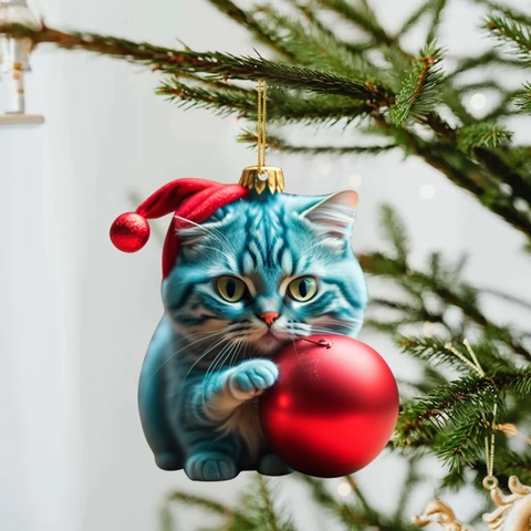 Christmas Tree Ornaments Acrylic Fat Cat Holding Bauble Santa Hat Holiday Hanging Decoration Funny Animal 2D