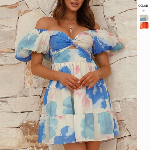 Vestito Corto Floreale Estate Donna Spalle Scoperte Maniche a Sbuffo Nodo Frontale a Balze Linea A Poliestere