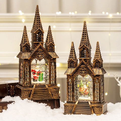 Christmas Snow Globe Lantern Vintage Bronze Gothic Church Musical LED Lighted Santa Snowman Holiday Desktop Decoration
