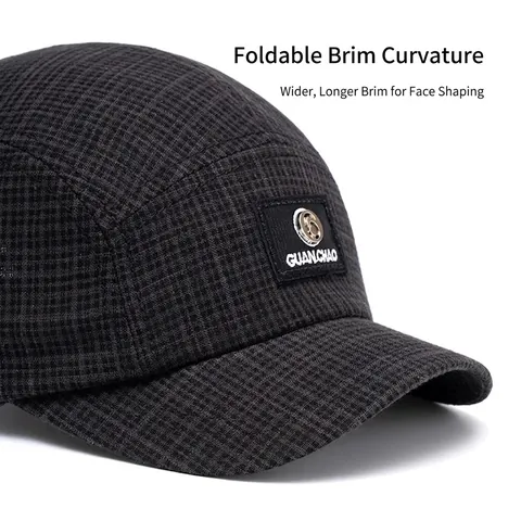 Short Brim Plaid Baseball Cap Cotton Grid Texture 5-Panel Camp Hat Adjustable Buckle Outdoor Breathable Streetwear