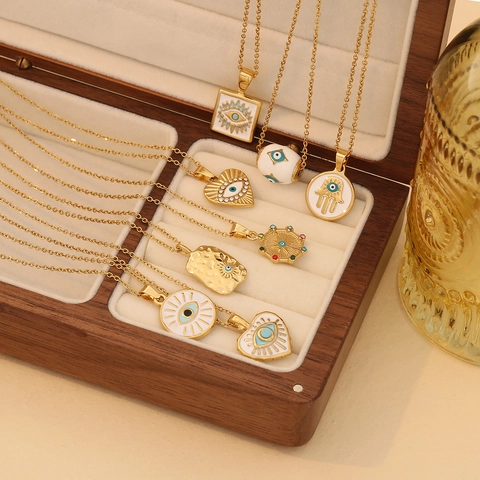 Evil Eye Pendant Necklace Gold Plated Stainless Steel Heart Hamsa Enamel Jewelry For Women Fashion Accessory