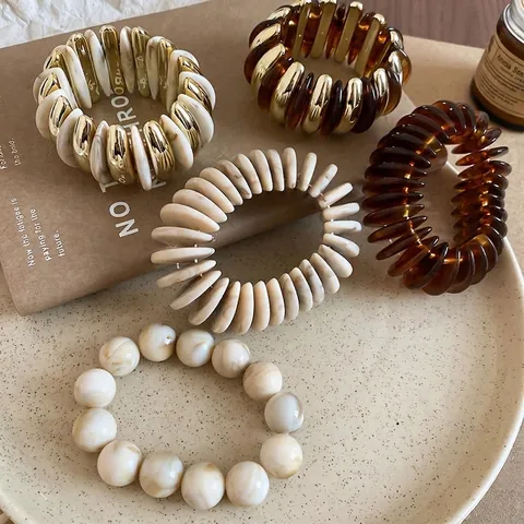 Pulsera Elástica De Resina Acrílica Retro Aleación Geométrica Textura Mármol Cuentas Ámbar Para Mujeres Joyas Moda