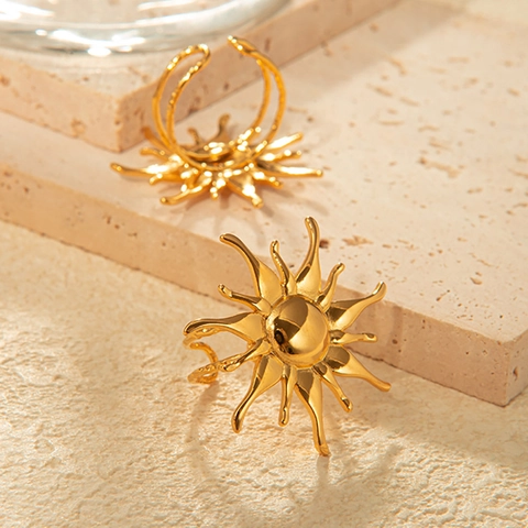 Stainless Steel Sun Starburst Ring Gold Plated Open Adjustable Layered Radiant Minimalist Fashion Jewelry
