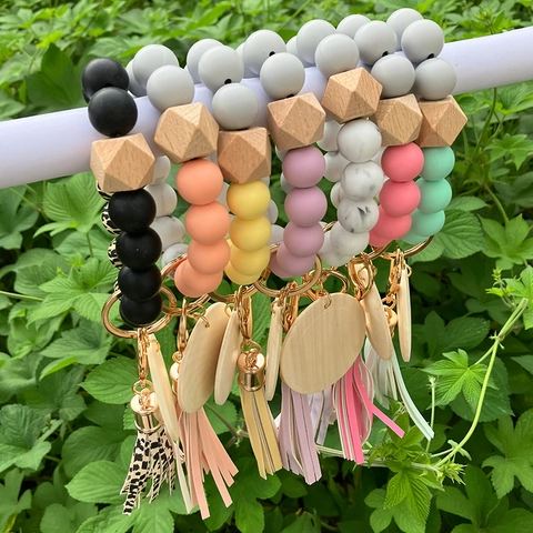 Silicone Bead Bracelet Keychain Western Beaded Wristlet With Wood Sublimation Slice Leather Tassel Alloy Key Ring For Women