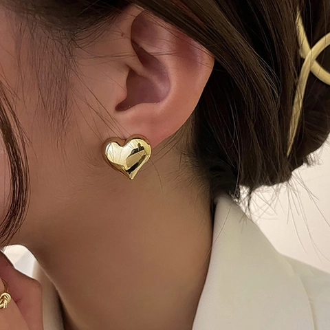Vintage Heart Stud Earrings With 925 Sterling Silver Earring Post Puffy Metal High Polish Minimalist Jewelry For Women