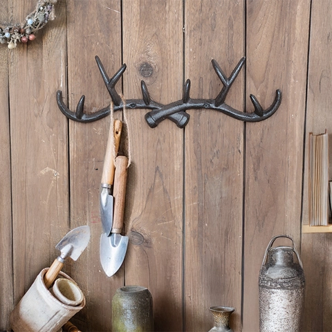 Vintage Antler Wall Mounted Hook Cast Iron Decorative Coat Rack Key Holder For Entryway Rustic American Style Home Decor