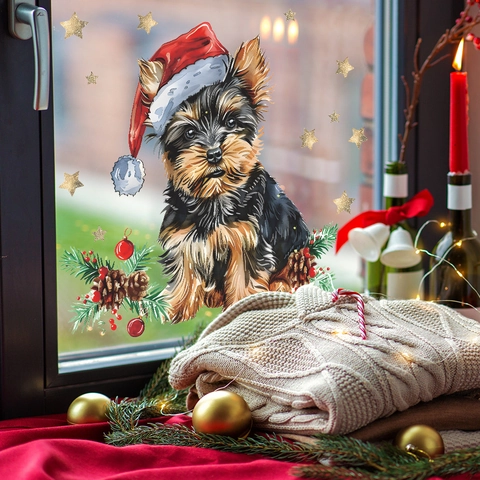 Vetrofanie Natalizie Yorkshire Terrier Adesivi Statici PVC Cappello Babbo Natale Stelle Decorazione Vetro
