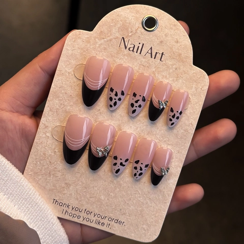 Long Almond Press On Nails Black French Tip Milk Cow Pattern 3D Butterfly Rhinestones Handmade False Nails Set For Women Daily Party Nail Art Kit