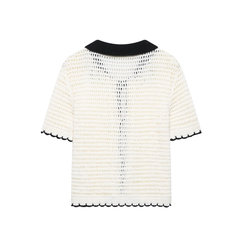 Dames Gebreid Vest Met Opengewerkte Structuur Korte Mouwen Polokraag Contrast Zwarte Bies Strikje Retro Top