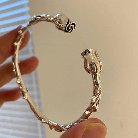 Rose Thorn Open Cuff Bracelet Vintage Copper Silver Tone Gothic Punk Flower Vine Aesthetic Jewelry For Women