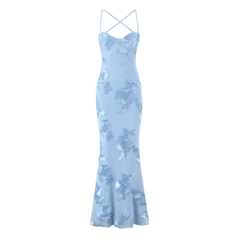 Robe Maxi À Broderie Florale 3D Bleu Clair Filet Bretelles Spaghetti Dos Croisé Sirène Soirée