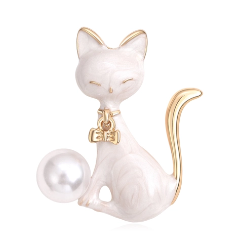 Broche De Gato Lindo Aleación Esmalte Goteo De Aceite Con Perla Artificial Lazo Dorado Animal Joyería Para Mujeres Moda