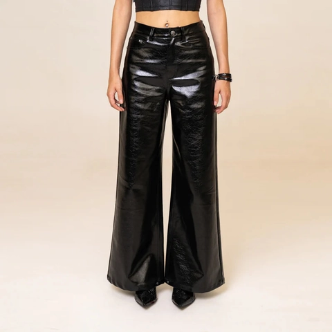 Hoch Taillierte Weite Hose Glänzendes PU Leder Glänzende Oberfläche Retro Streetwear Disco Party Hose Für Frauen