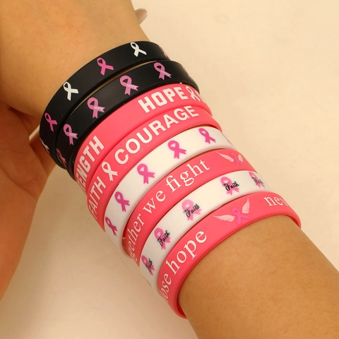Breast Cancer Awareness Silicone Bracelet Pink Ribbon Hope Strength Courage Motivational Rubber Wristband Women Charity Jewelry