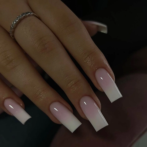 French Ombre Press On Nails Glossy Pink White Gradient Medium Long Square Shape ABS Faux Fingernails For Women Manicure