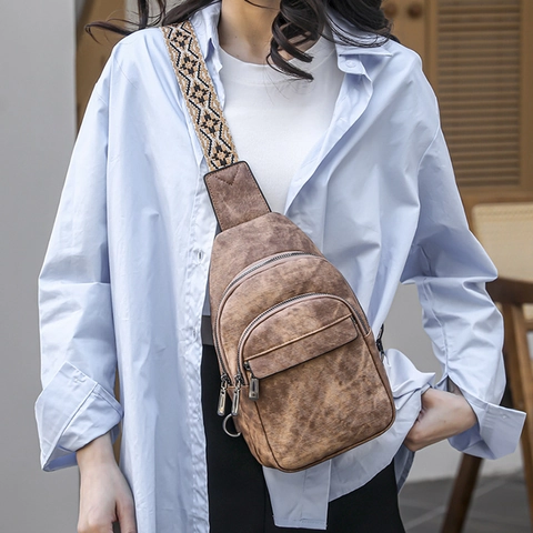 Bolso De Pecho Para Mujer Sling Bag Cuero PU Multi Bolsillo Correa Ancha Étnica Bandolera Casual Moda Callejera