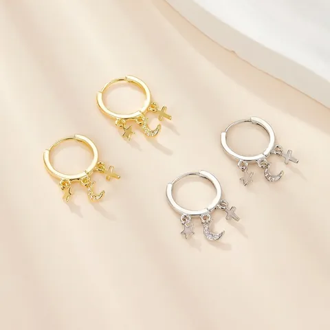 925 Sterling Silver Hoop Earrings For Women With Star Moon Cross Rhinestone Pendants Fashion Gold Silver Dangle Jewelry