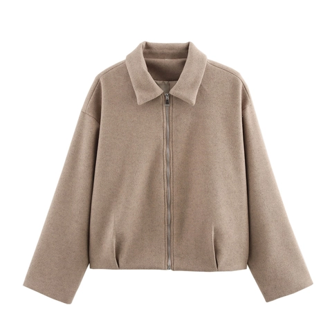 Women Short Woolen Texture Jacket Zip Up Turn-Down Collar Solid Color Long Sleeve Casual Drop Shoulder Outerwear Coat