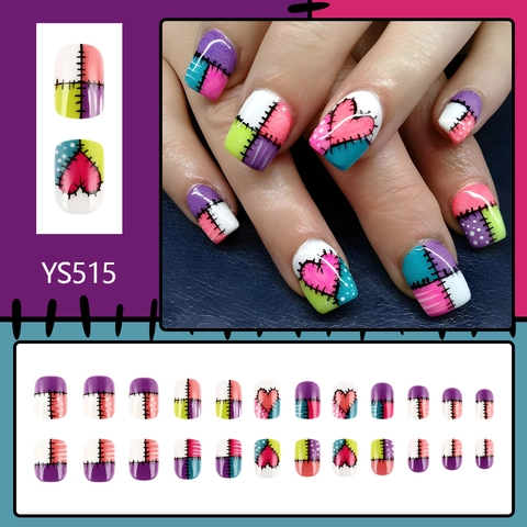 Multicolor Glossy Short Square Press On Nails With Heart Patchwork And Stitching Design Fashion Sweet Cool Decorative Fake Nails For Women
